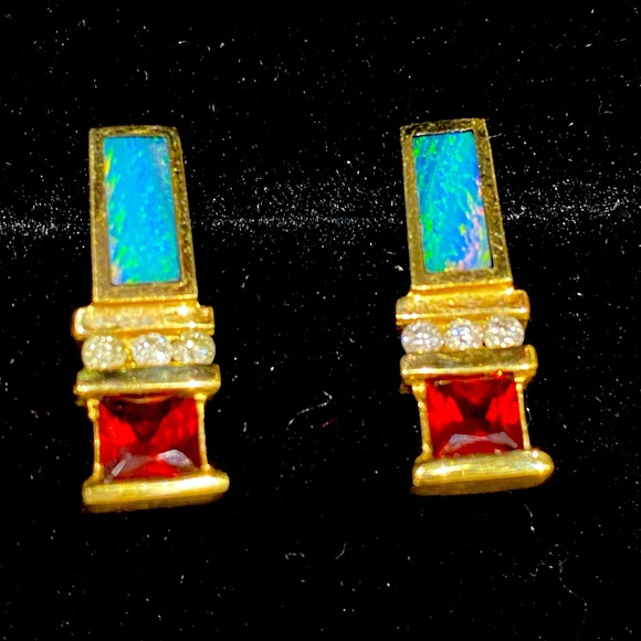 TURMALINE, INLAID OPAL & DIAMOND IN 14KT GOLD RING  & EARRINGS.  Could Be Kavana - Picture 4 of 11